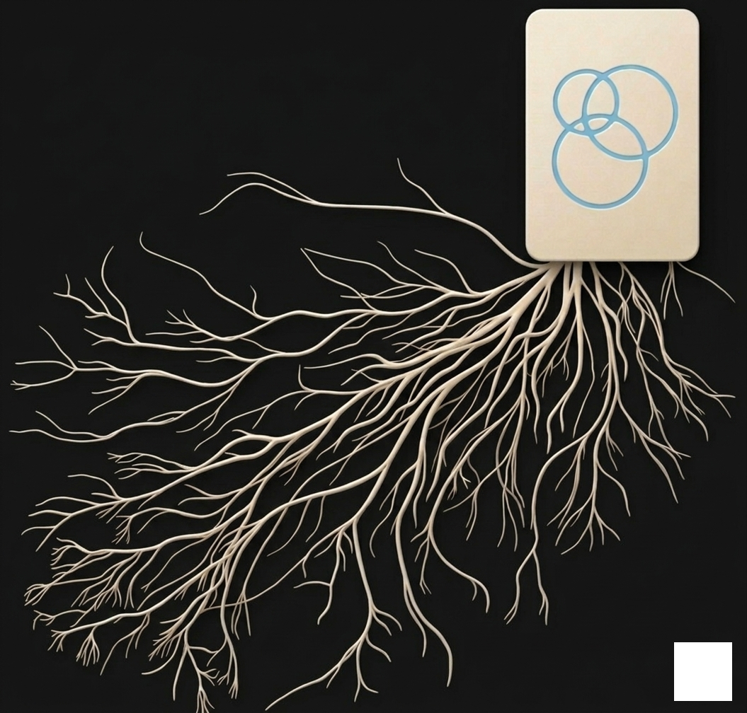 Cream card with logomark over root system